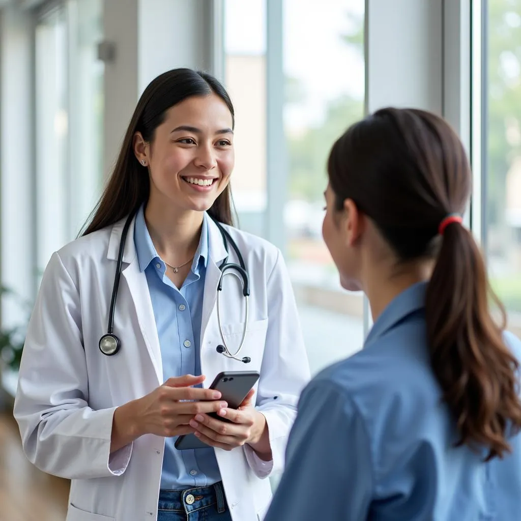  A clinical research coordinator discusses study information with a patient