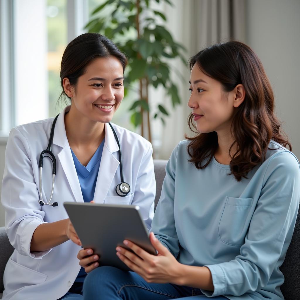 A clinical research coordinator explaining study details to a patient using a tablet