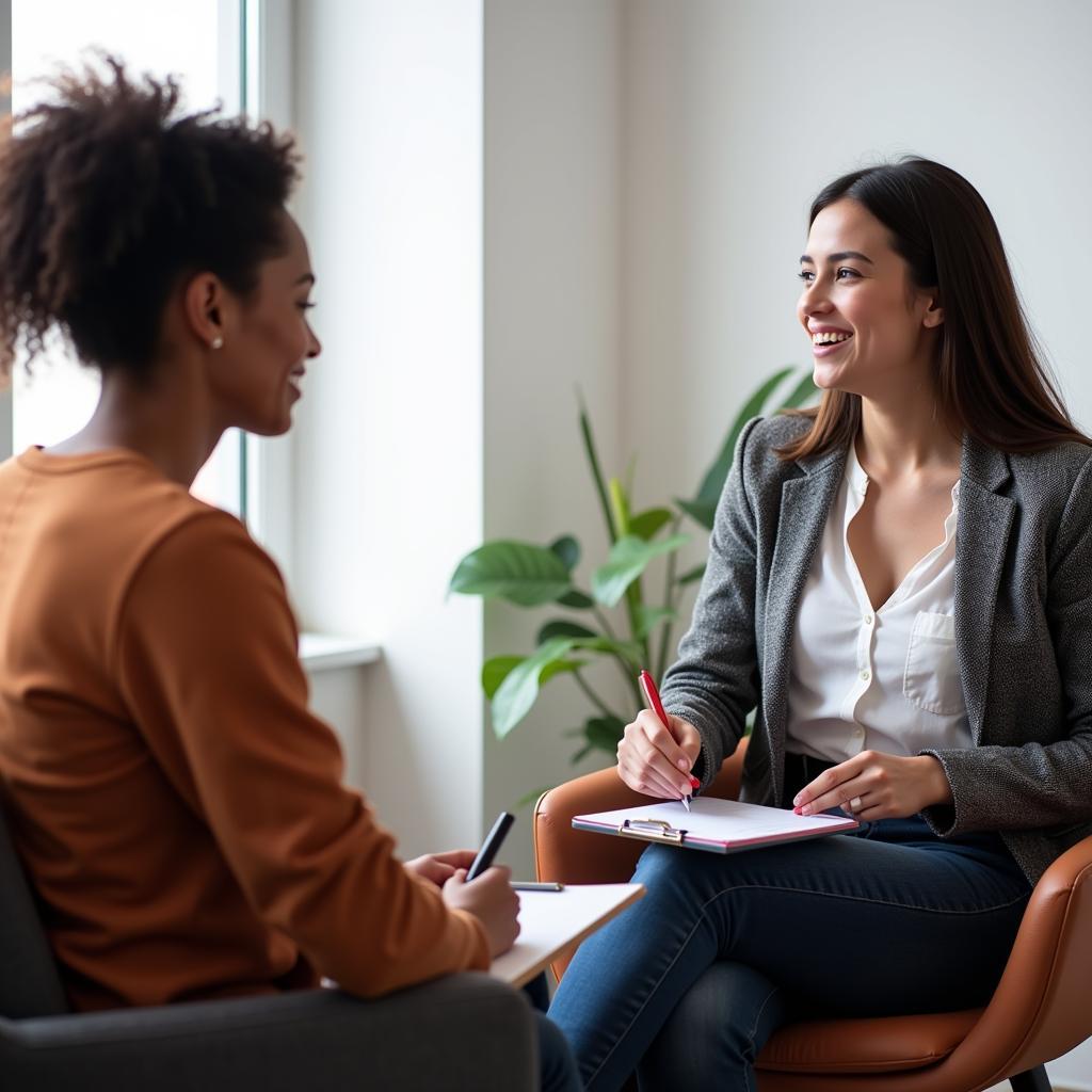 A clinical research coordinator conducting an interview with a patient for an addiction treatment study