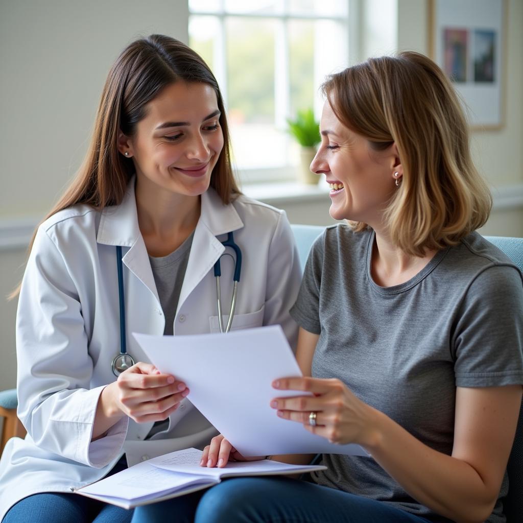 A compassionate clinical research coordinator interacts with a patient, explaining study details.