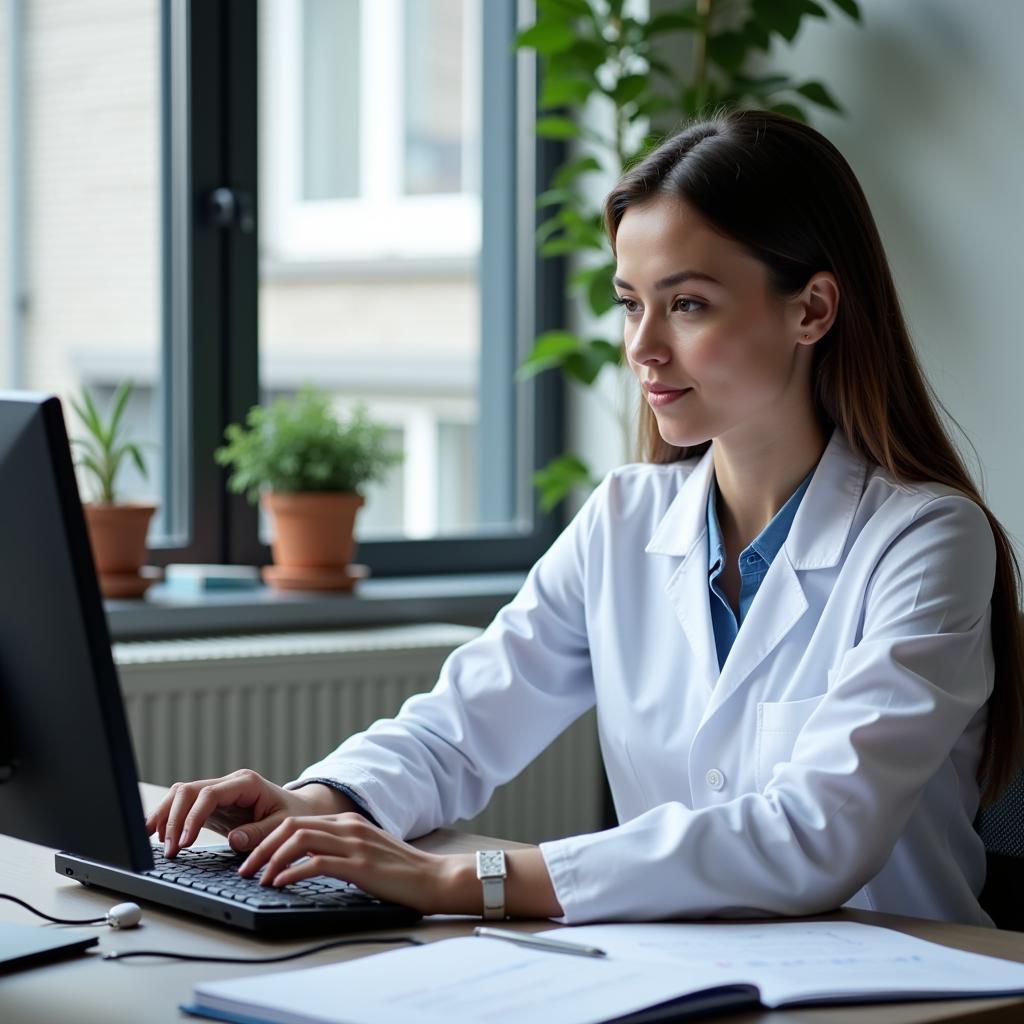 Clinical Research Manager analyzing trial data on a computer