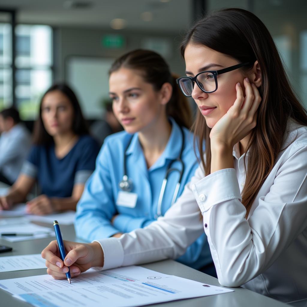 Clinical Research Manager Reviewing Documents at a Computer