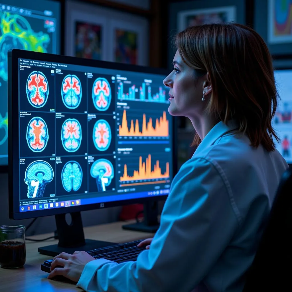 A clinical research neuroscientist analyzes brain scans to understand neurological disorders.