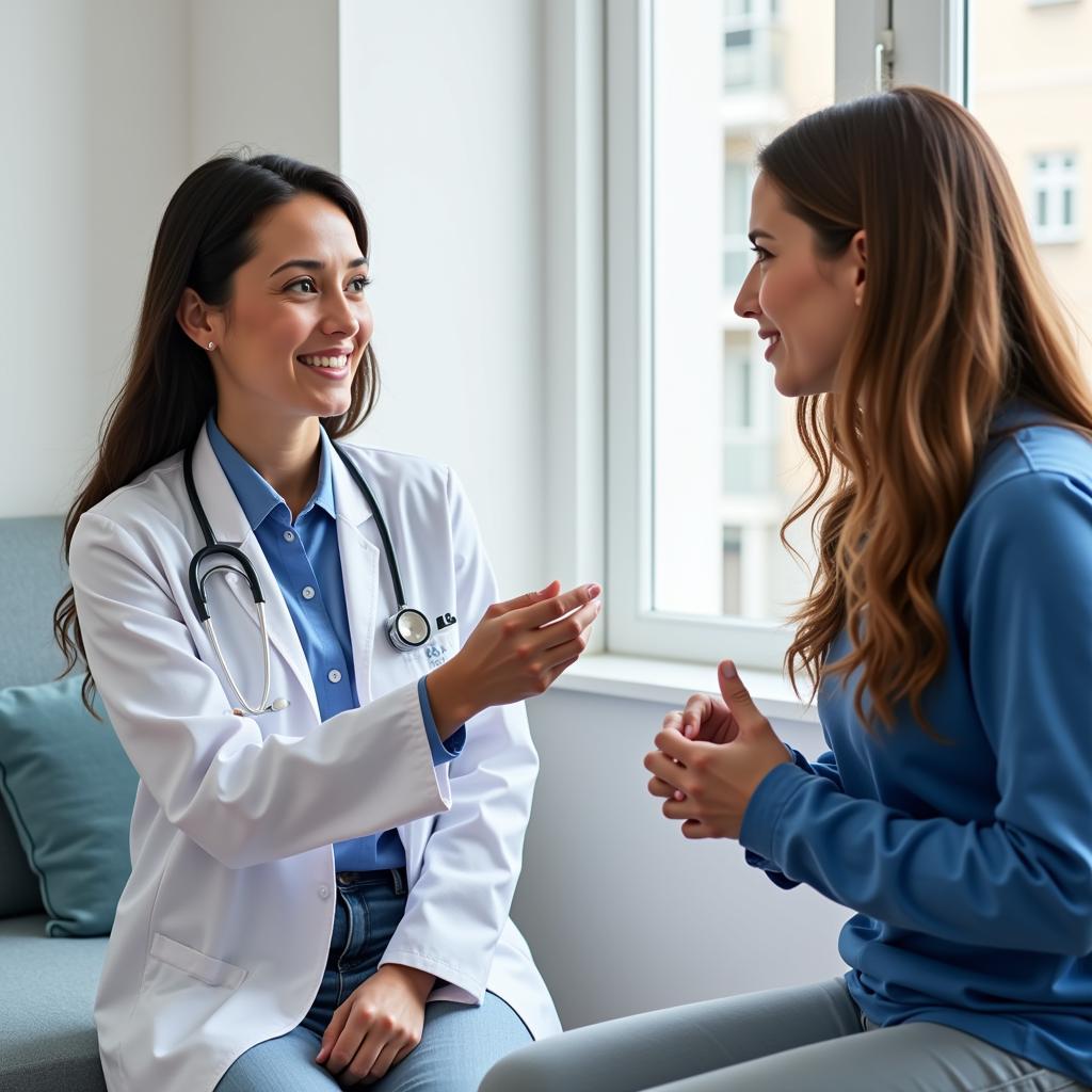 A clinical research nurse interacts with a patient, discussing their participation in a clinical trial.