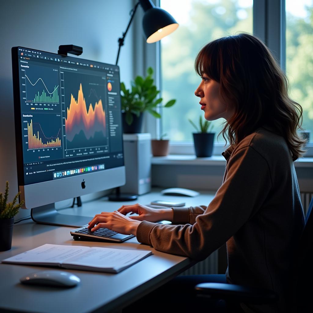 A clinical research professional analyzing data on a computer, with graphs and charts on the screen