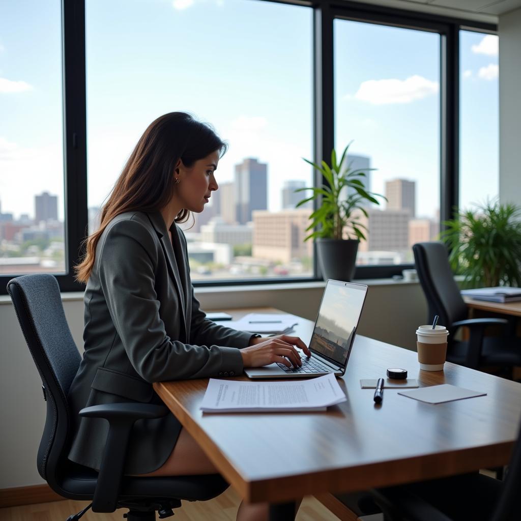 A clinical research professional working on a laptop in a modern office in Denver, Colorado