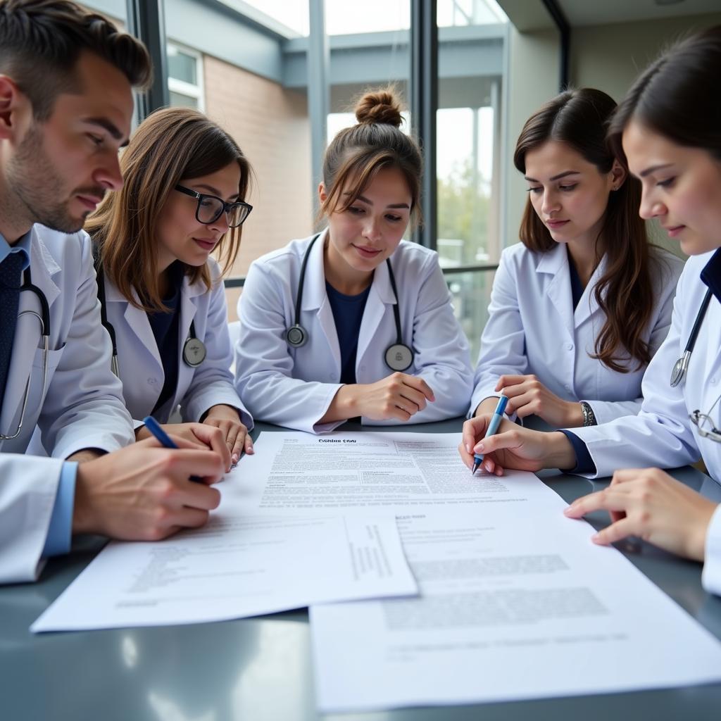 Researchers reviewing a clinical research protocol document