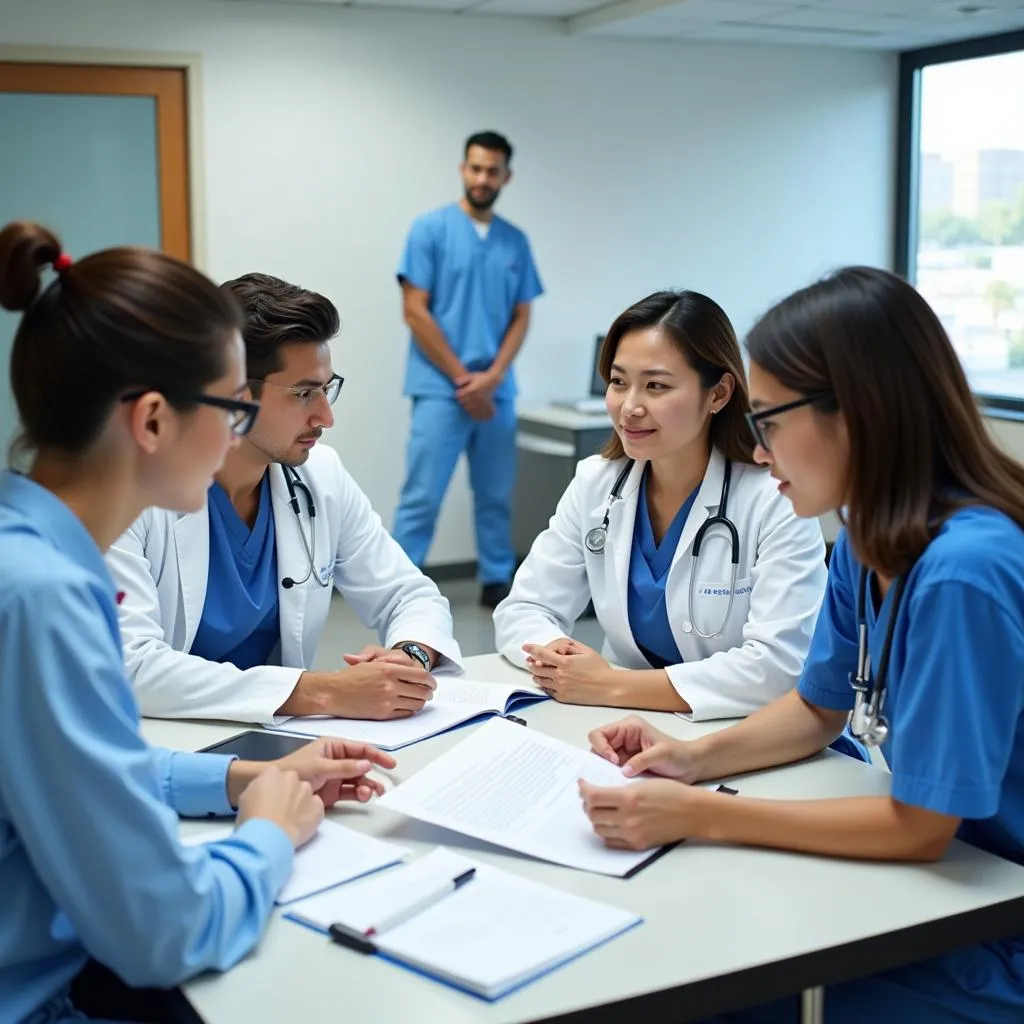 A clinical research team collaborates in a meeting