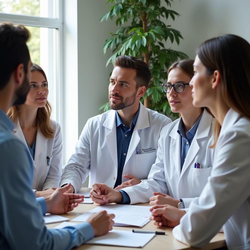 A team of clinical researchers engaged in a discussion around a table