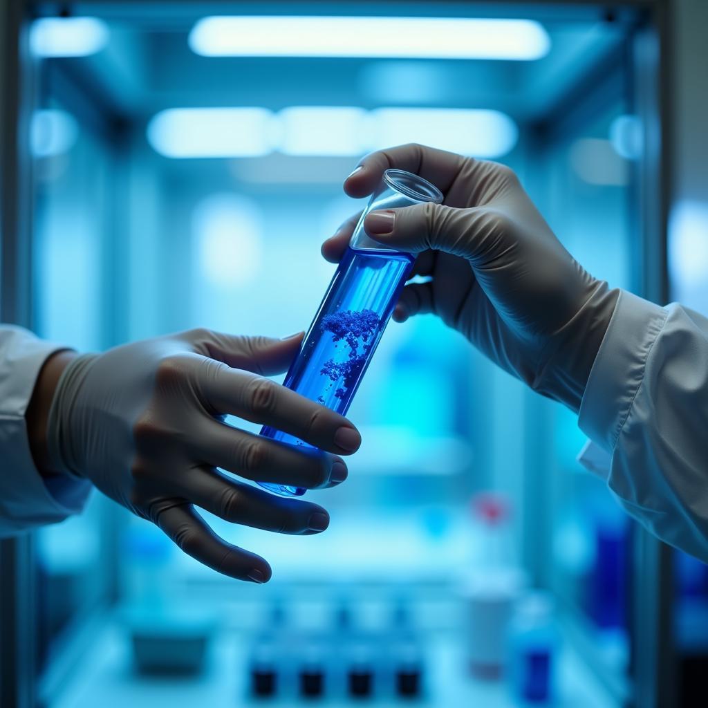 Close-up of hands holding a test tube in a laboratory setting