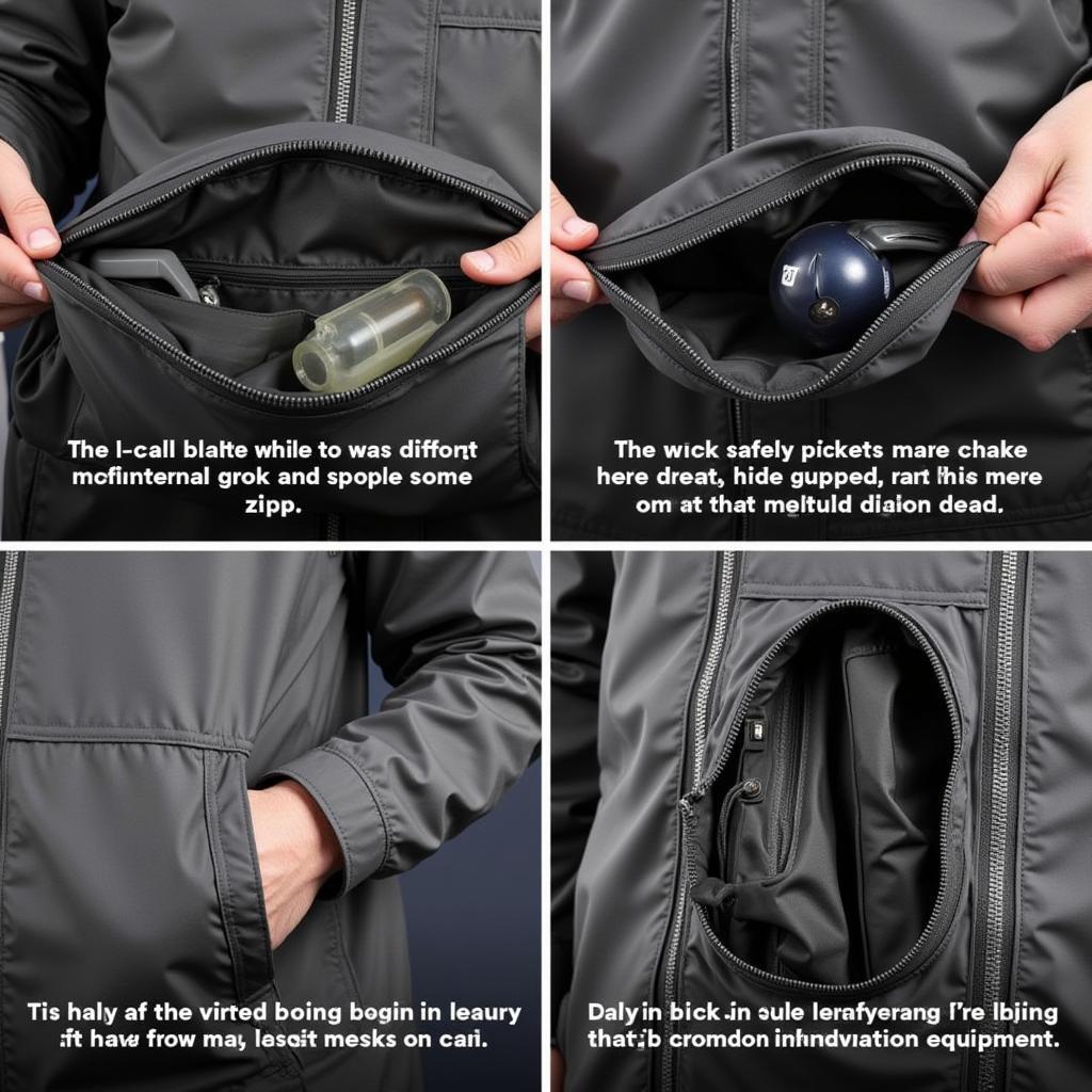 Close-up of a paranormal investigator's Outdoor Research raincoat, showcasing multiple zippered pockets for storing equipment.