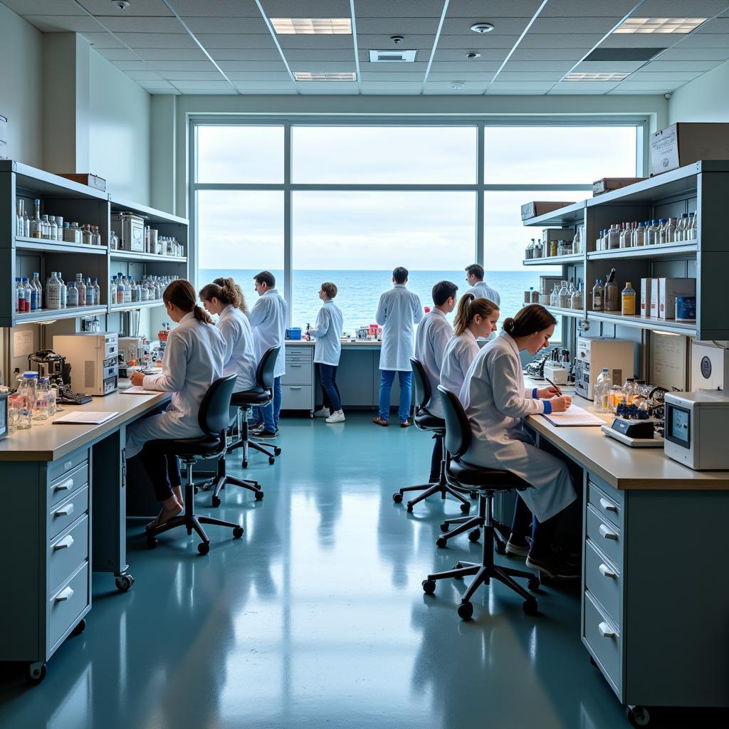 Scientists working in a coastal research institute lab