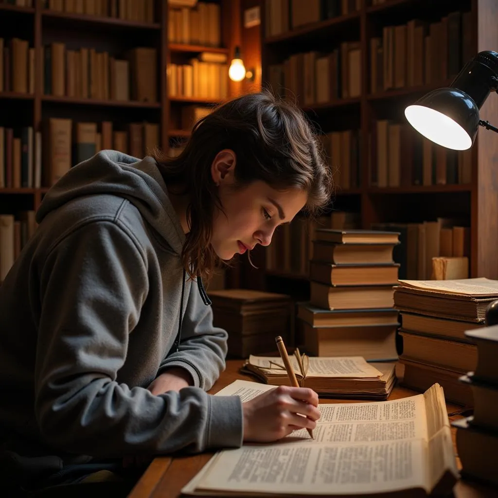 Student examines historical documents in Colgate University library