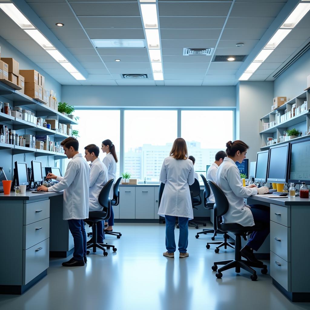 Collaborative research environment showcasing researchers working together in both wet and dry lab settings