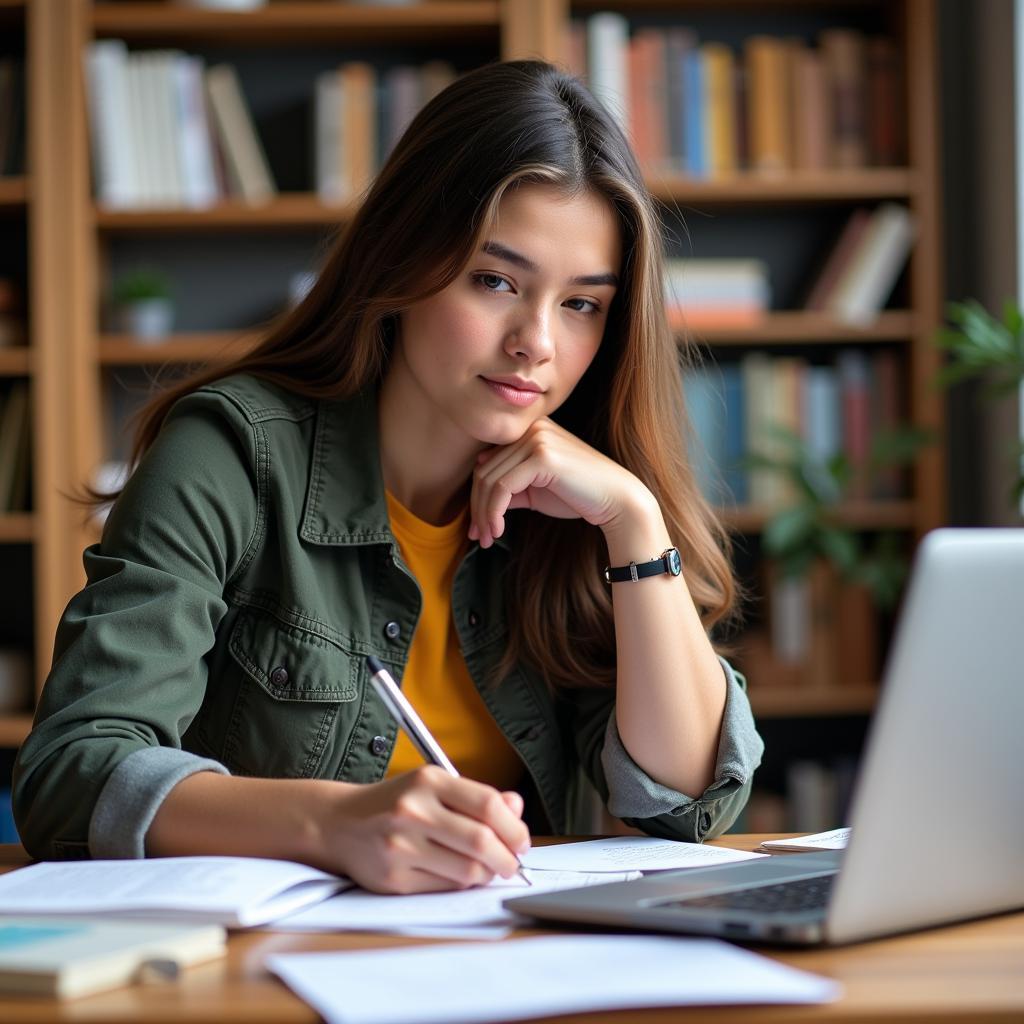 Student Writing a College Research Paper at Desk