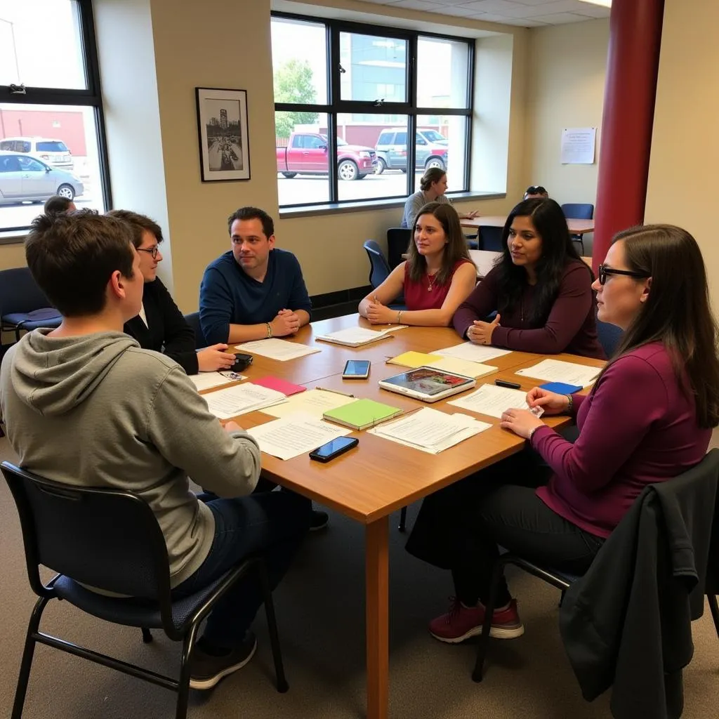 Community members gather to discuss a research project.