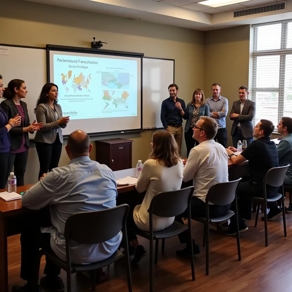 Community members present their research findings at a community forum.