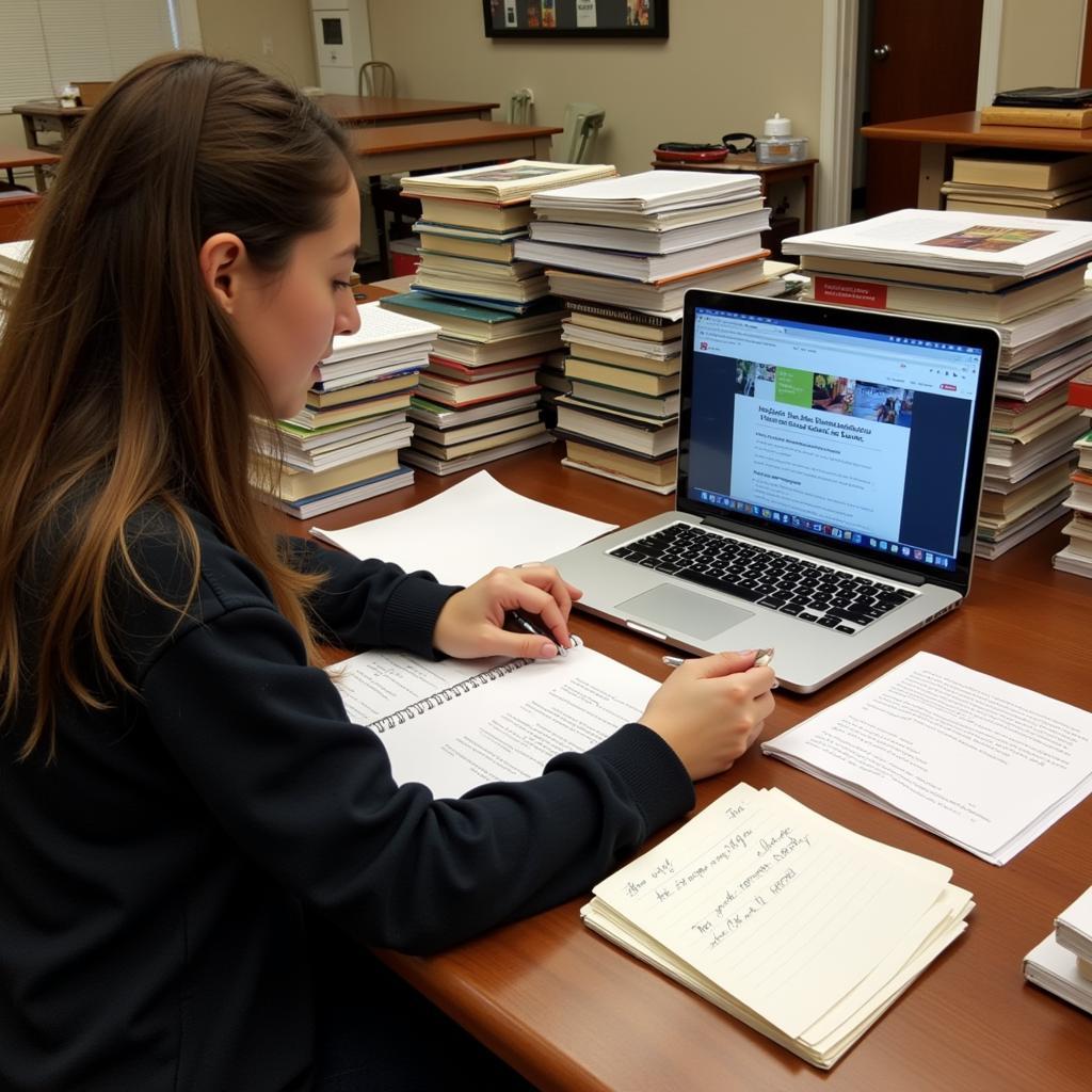 A student surrounded by books and online resources takes notes for their history research paper.