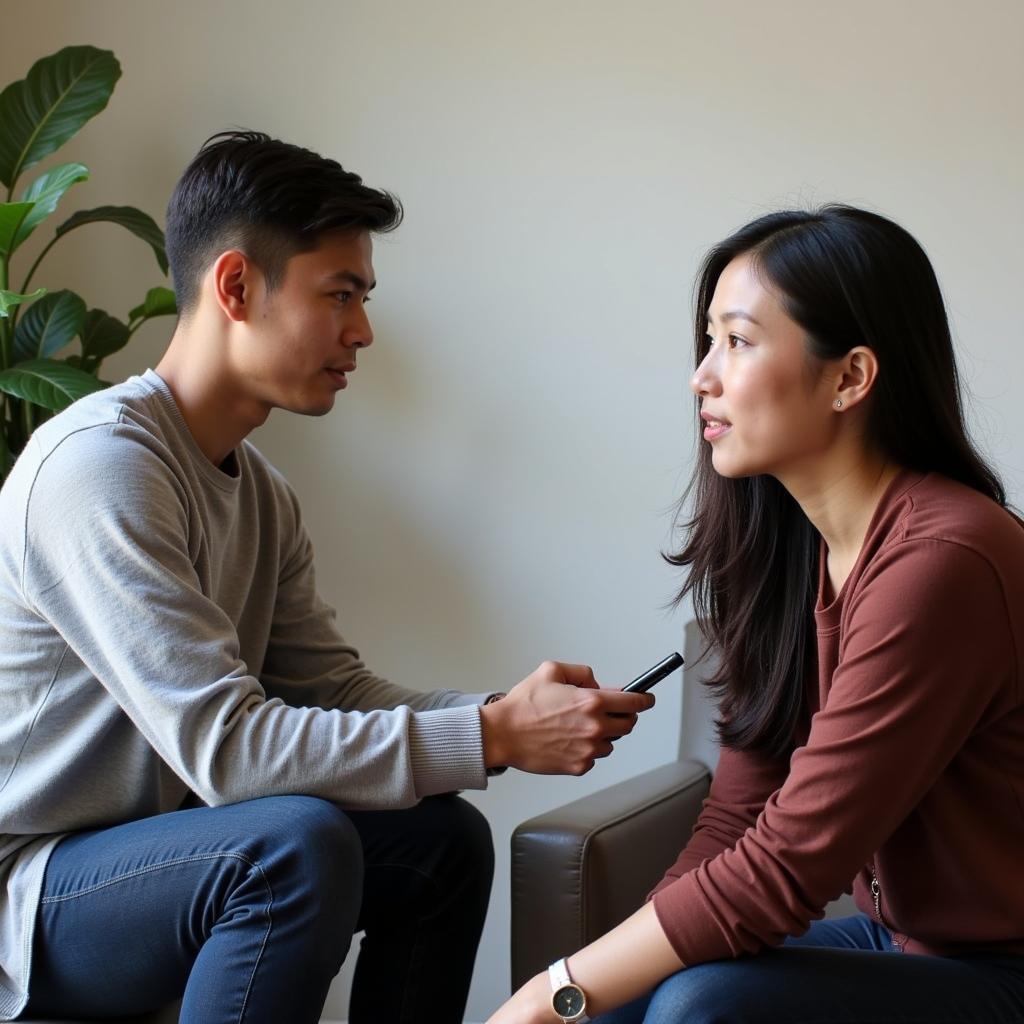 A researcher sits opposite a participant at a table, actively listening and taking notes during a qualitative research interview