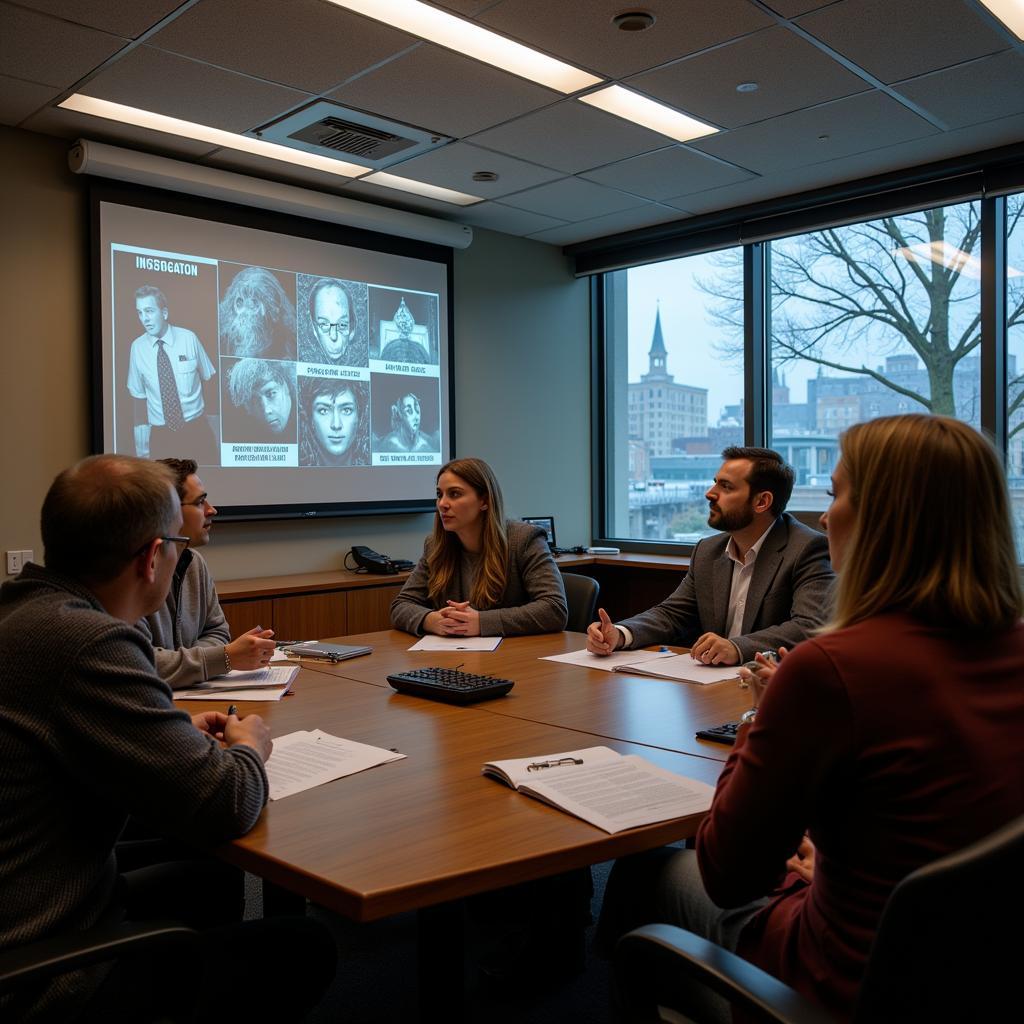 Researchers presenting findings on paranormal evidence in a conference room setting