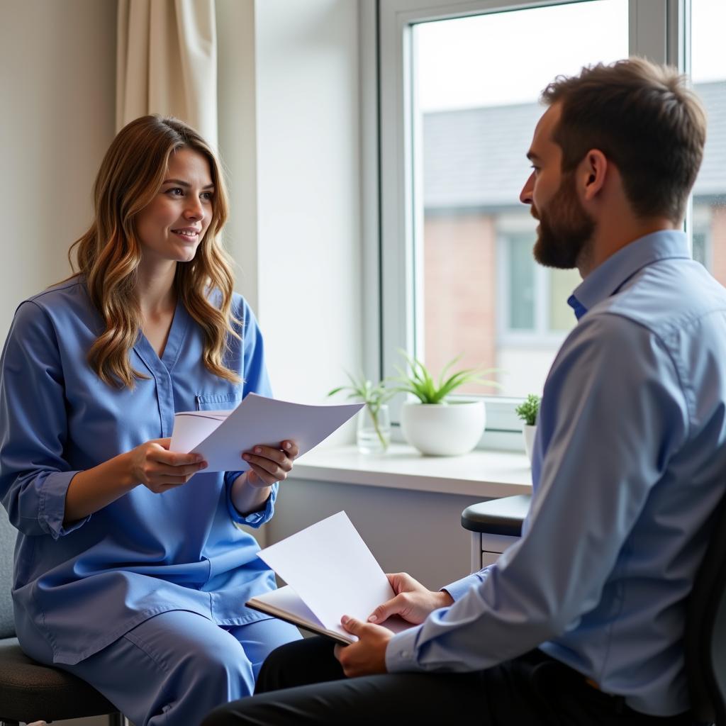 Confident Clinical Research Coordinator explaining study details to a patient