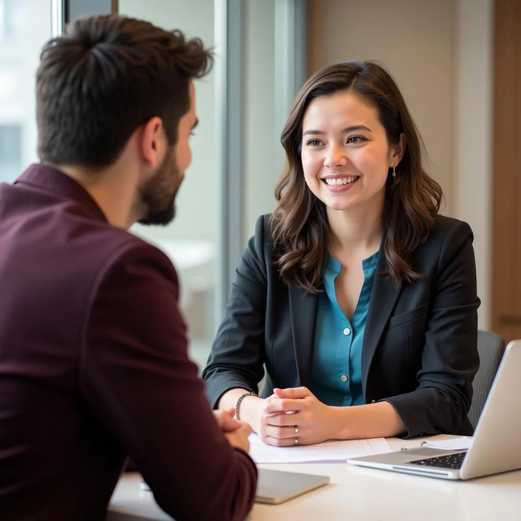 Confident postdoctoral researcher in a job interview