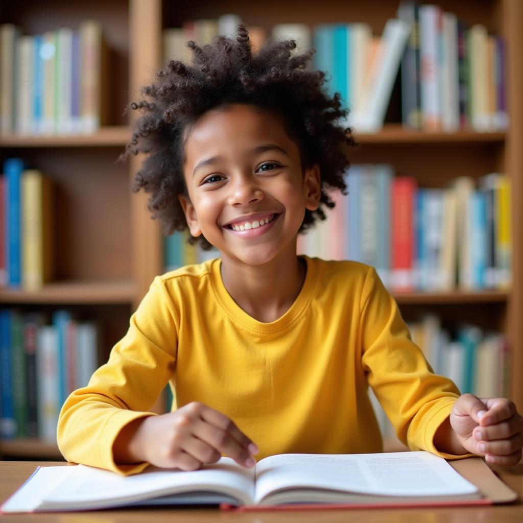 A young student confidently reading a book.