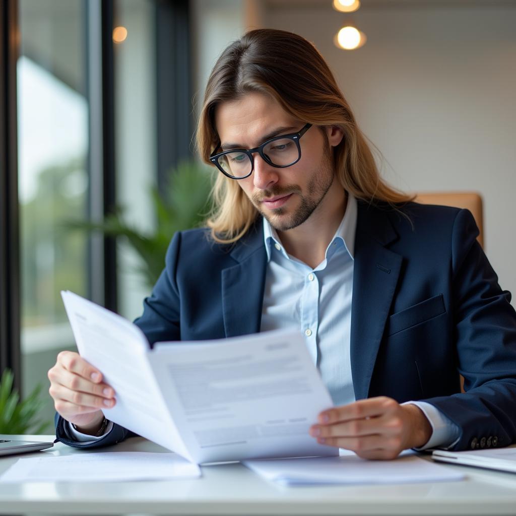 Contract clinical research professional diligently reviewing documents at a desk