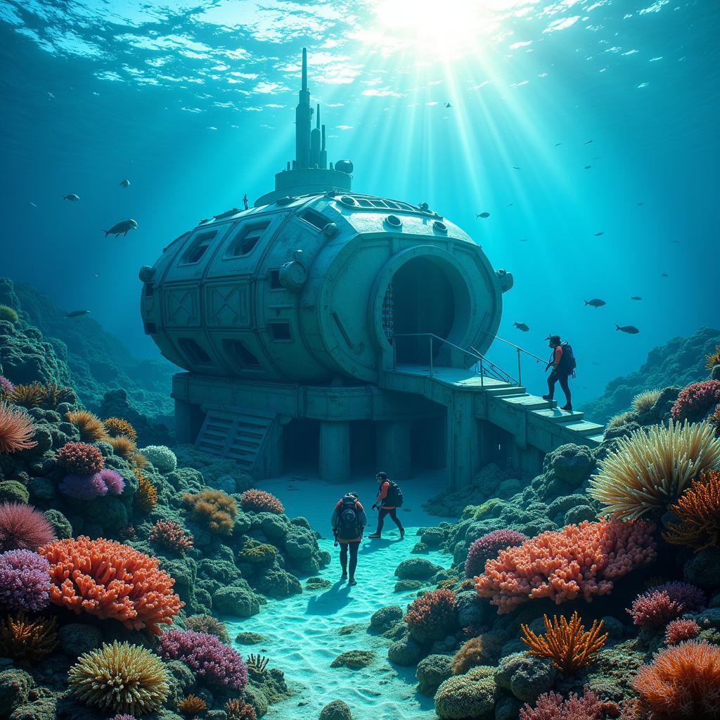 Underwater view of a coral island research lab