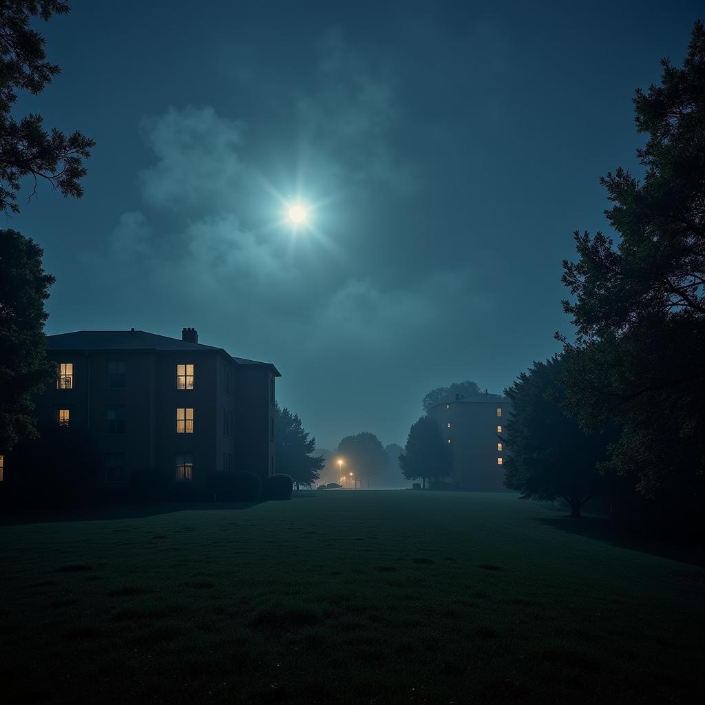 Courtyard Charlotte Research Park at night shrouded in mist