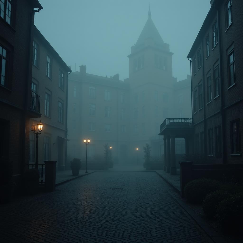 The courtyard of a hotel in Research Triangle Park at night, shrouded in an eerie mist