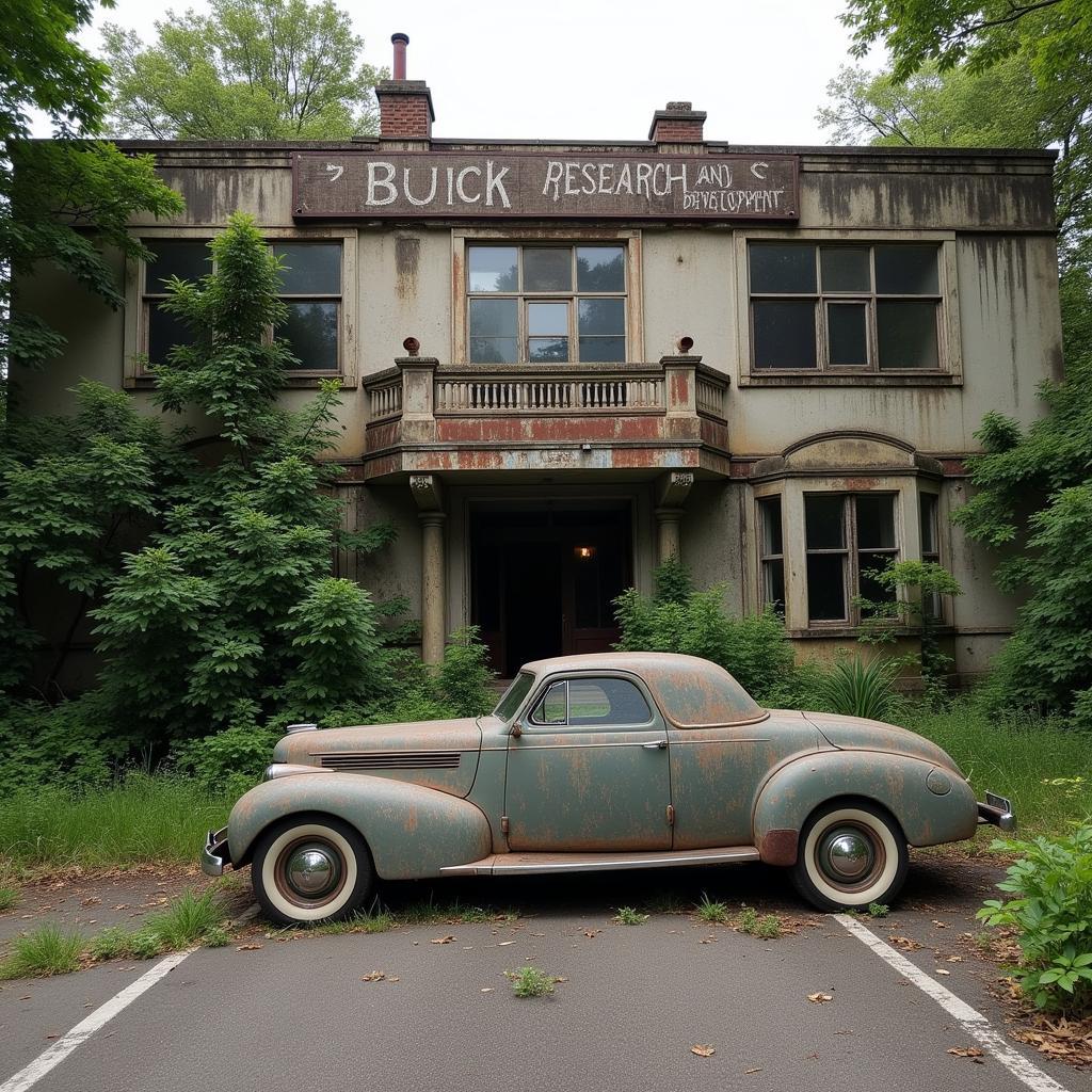 Abandoned research facility with a vintage Buick parked outside