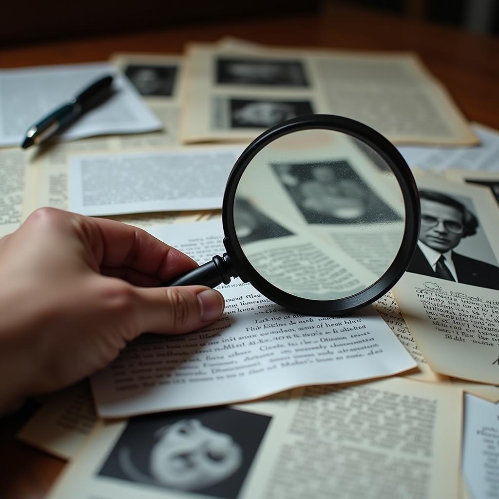 Person analyzing evidence with a magnifying glass