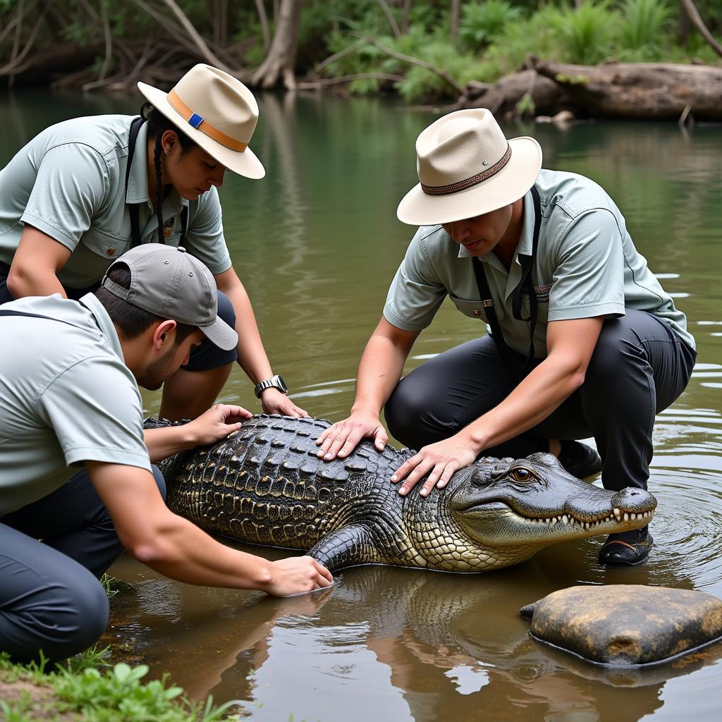 Crocodile Research Team Tagging a Crocodile in the Field