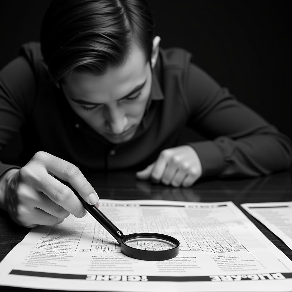 Person working on a crossword puzzle with a magnifying glass.