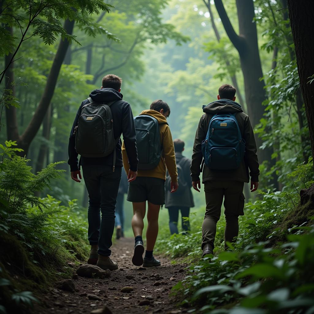 Researchers on a cryptozoology expedition in a forest