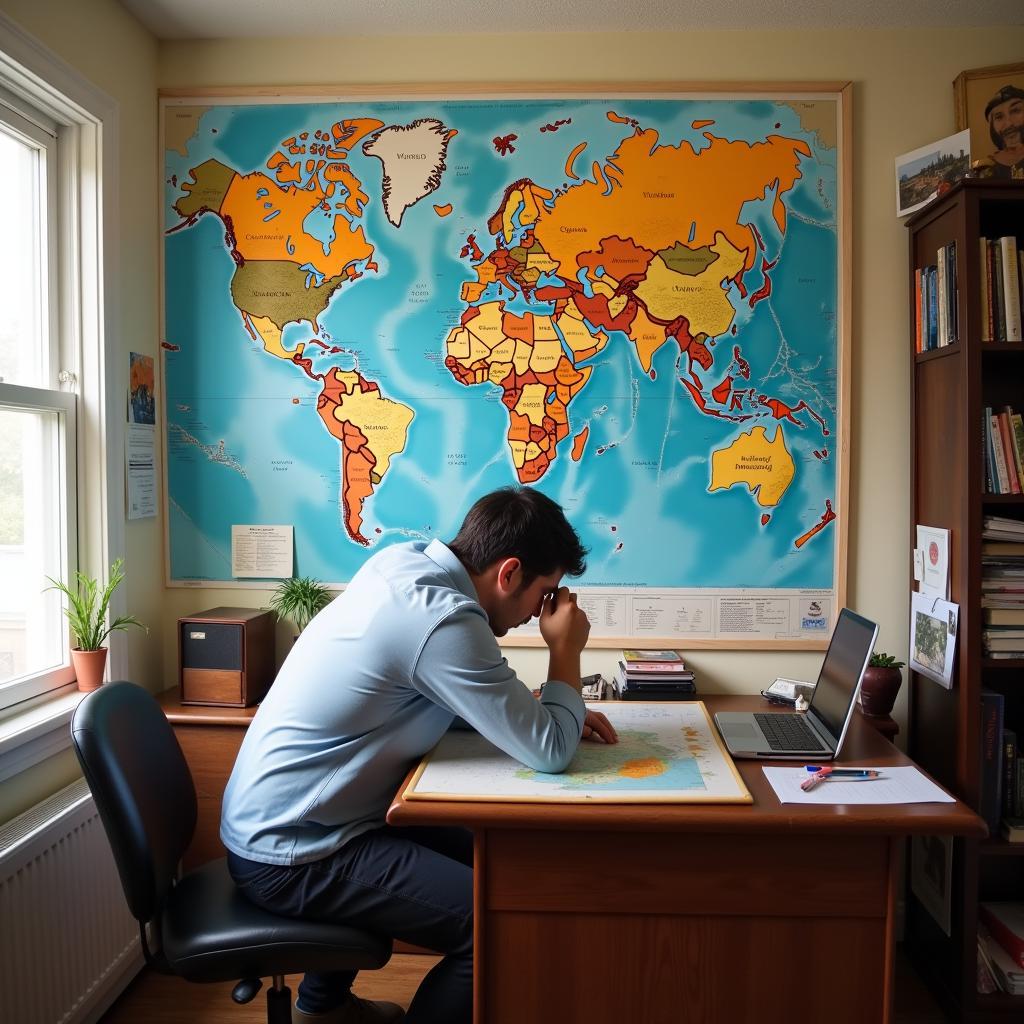 Cryptozoology researcher studying maps and charts at home