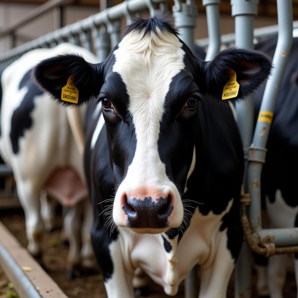 Holstein cow being milked