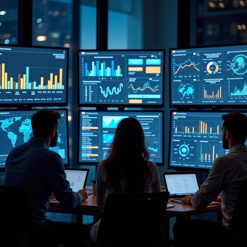 Data analysts studying charts and graphs on a computer screen