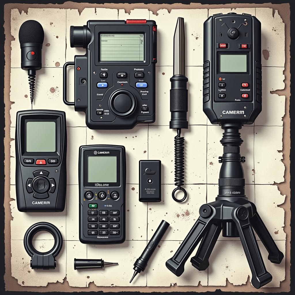 a variety of equipment like EMF readers, cameras, and voice recorders being used in a dimly lit location for paranormal investigation