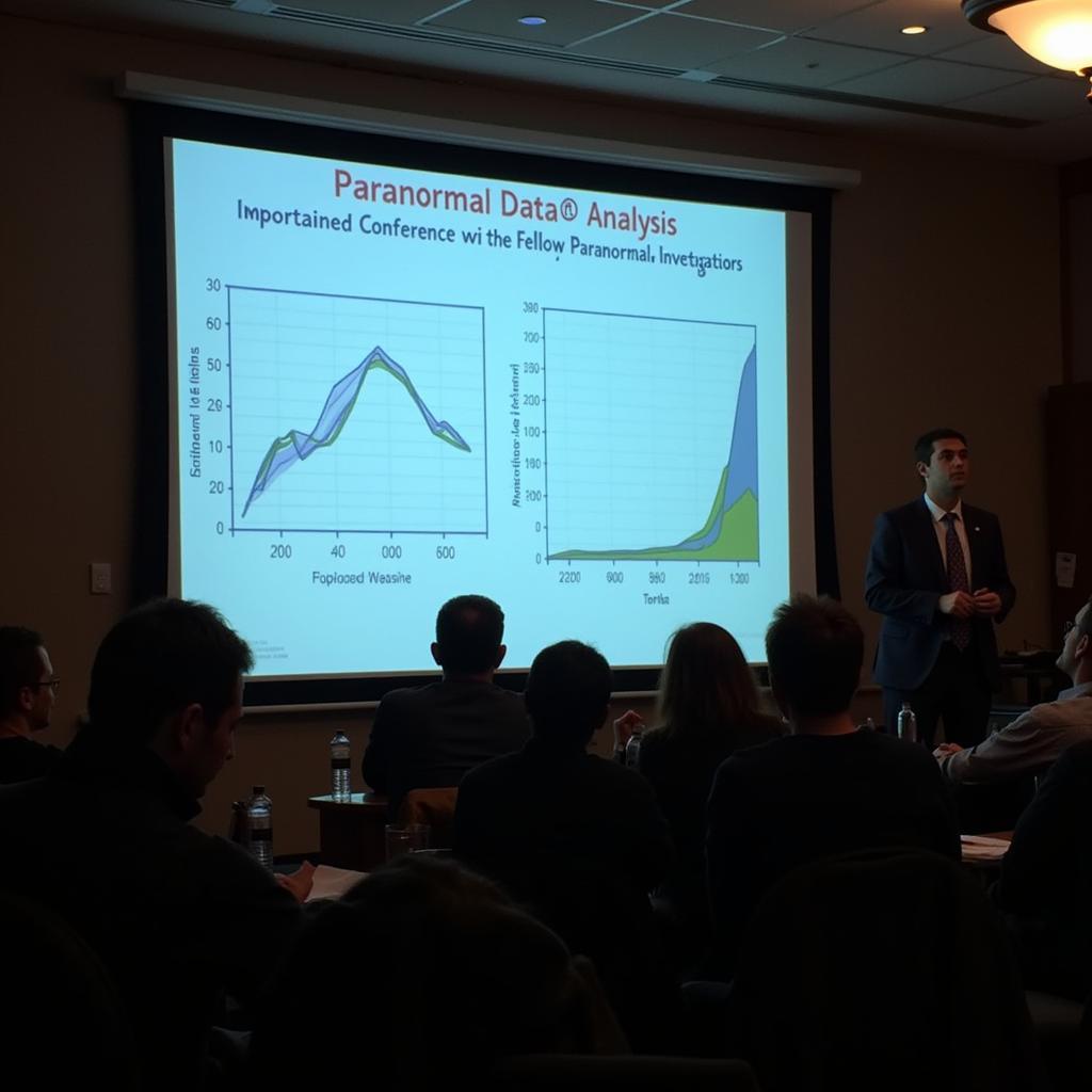 Paranormal researchers sharing data and findings at a conference