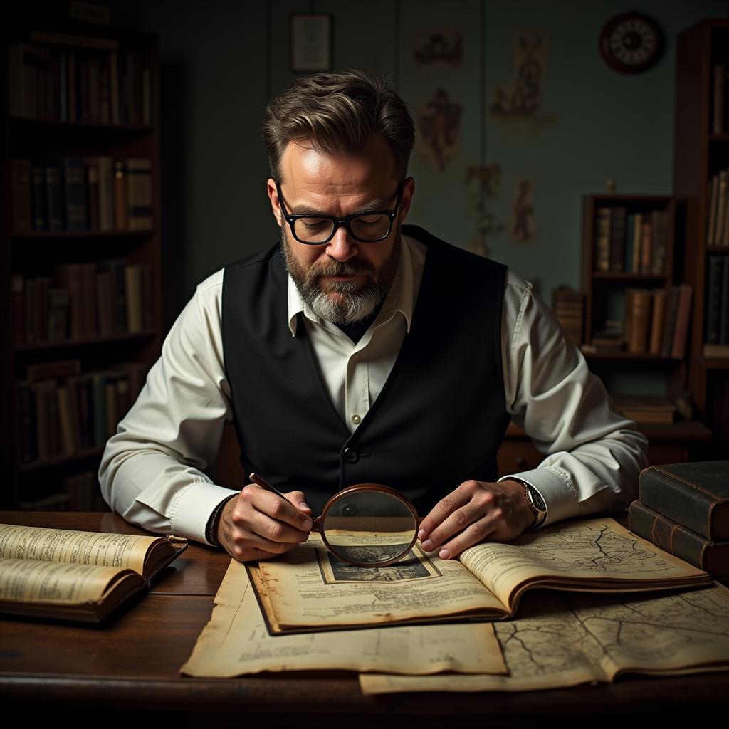 Paranormal researcher reviewing old documents