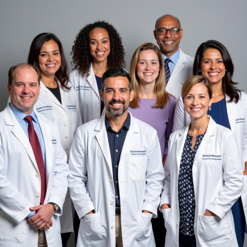 A team of medical professionals in lab coats smiling at the camera.