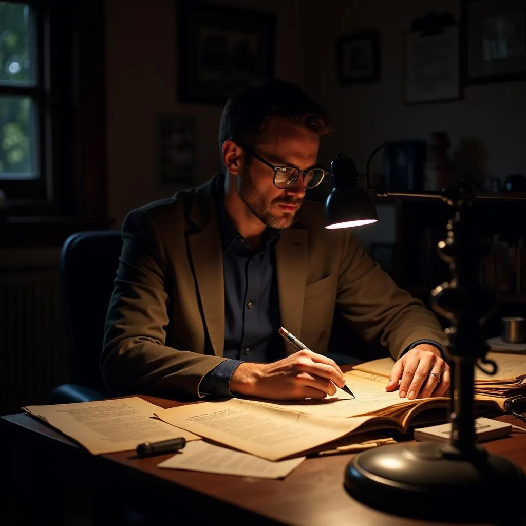 Paranormal researcher analyzing documents and historical records