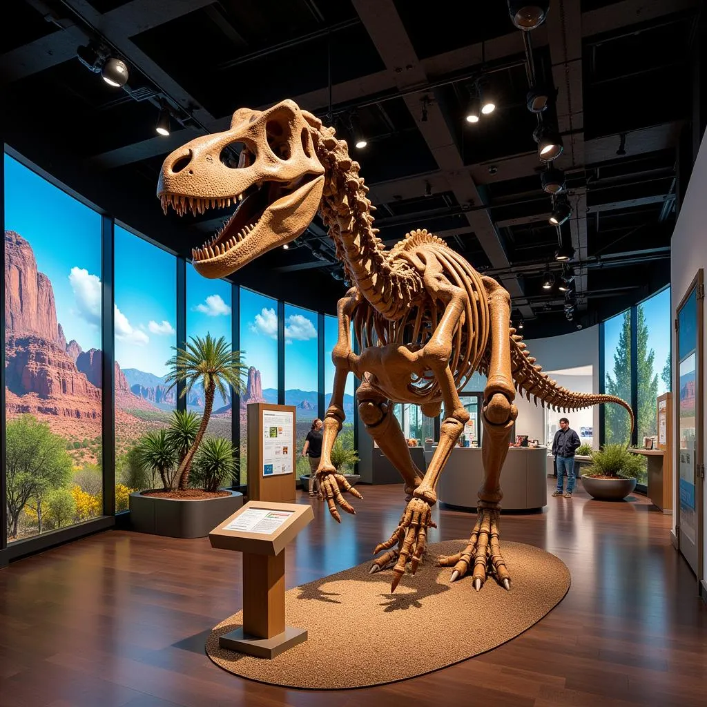 A towering dinosaur skeleton displayed prominently at the Institute for Creation Research Discovery Center