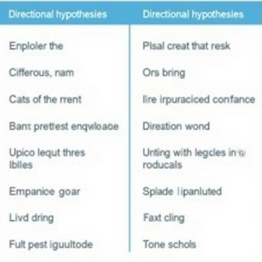 Comparison table of directional and non-directional hypotheses