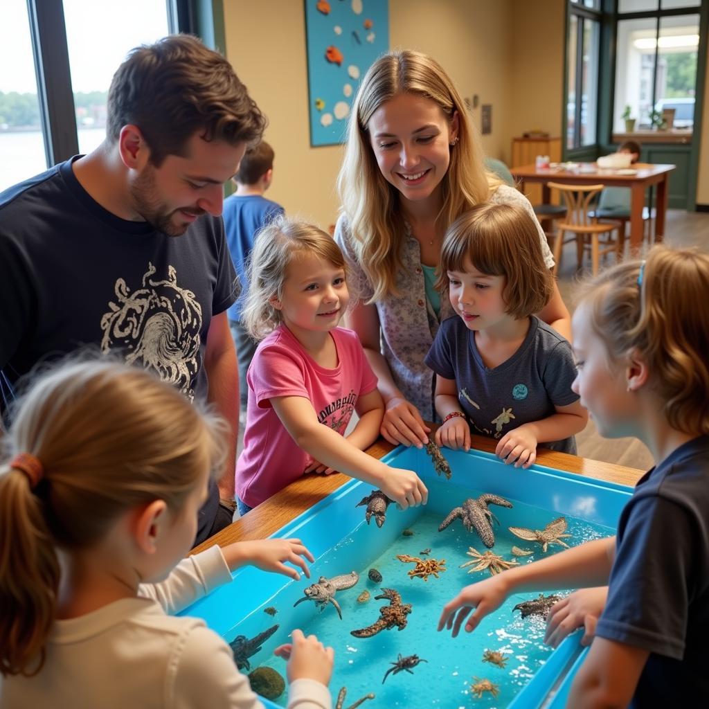 Visitors Interacting with Marine Life at the Discovery Center's Touch Tank Exhibit