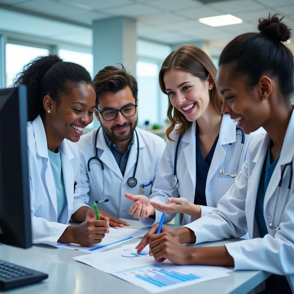 Diverse medical research team collaborating in a hospital lab