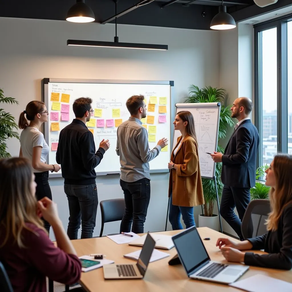 Diverse team of UX professionals brainstorming in a meeting room