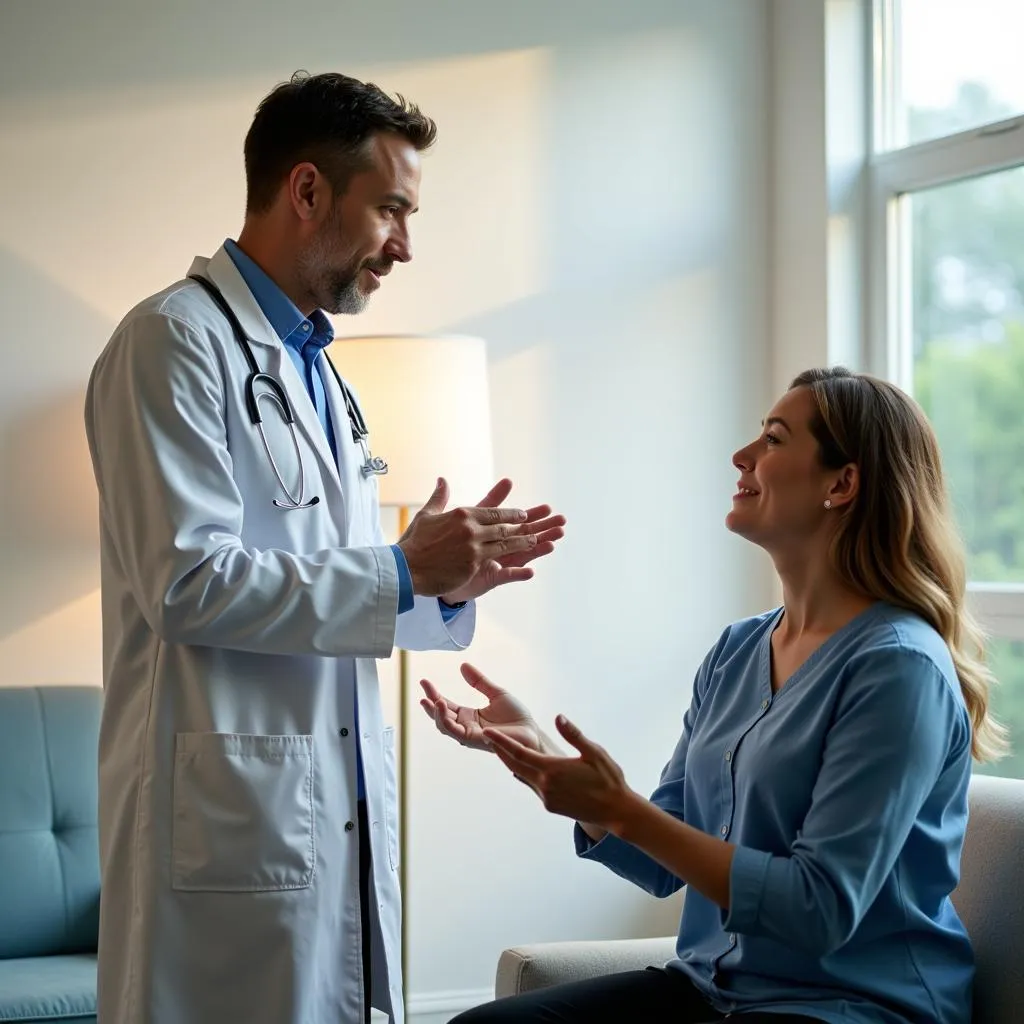 A doctor explaining the potential of Alzheimer's stem cell treatment to a patient.